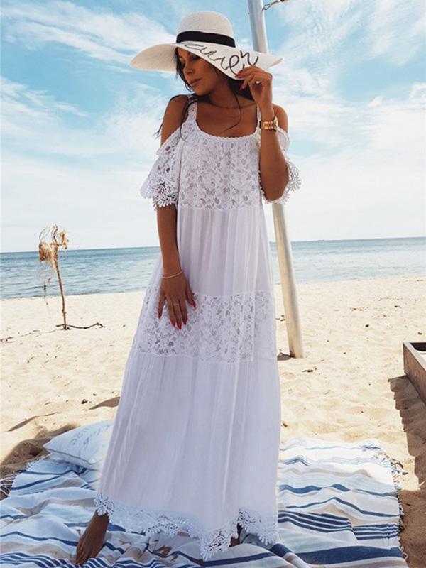 Spaghetti-Strap Lace Hollow Solid Beach Swimwear Maxi Dresses