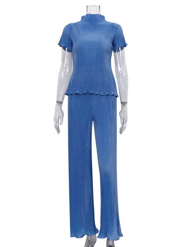Simple Solid Color High-Neck T-Shirt Top&Wide Legs Pants 2 Pieces Set