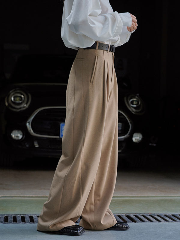 High Waisted Loose Pleated Solid Color Split-Joint Casual Pants Bottoms Trousers