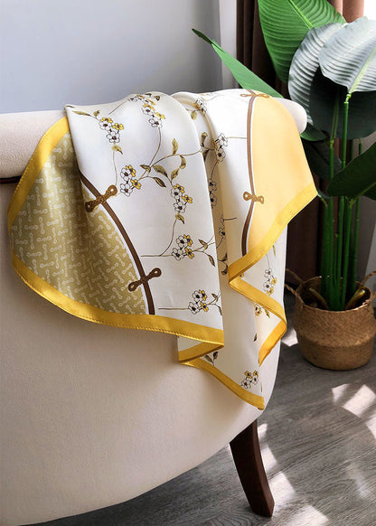 Floral Satin Polyester Square Scarf With Golden Border