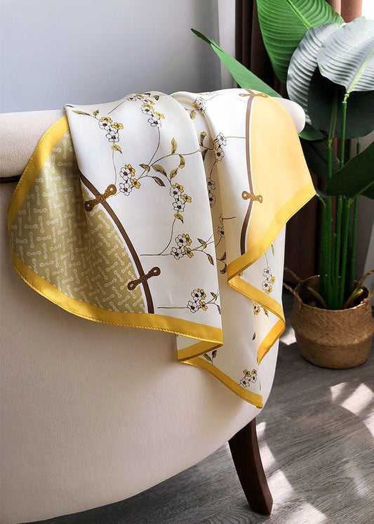 Floral Satin Polyester Square Scarf With Golden Border