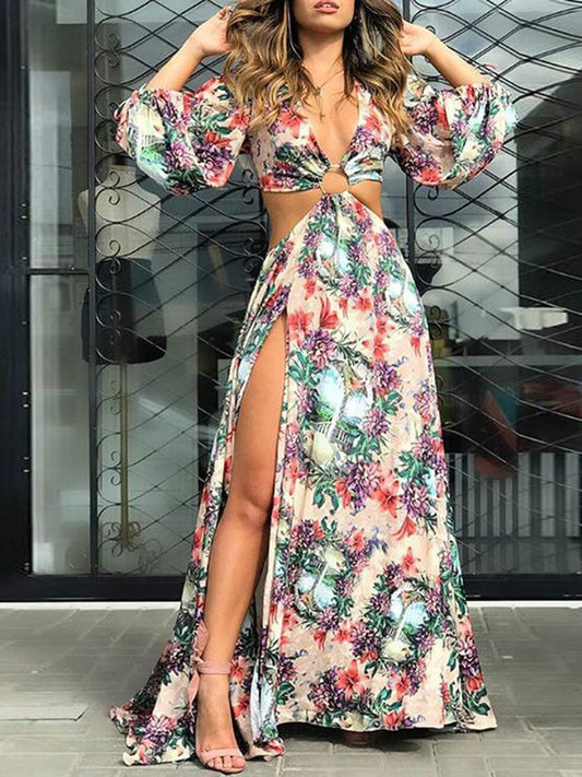 Fashion Women Maxi Dress Boho Style Long Sleeve Sundress Autumn Casual Floral Print Camouflag Skull Print Party Dress Vestidos