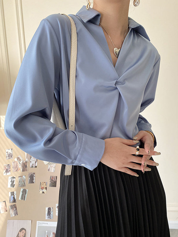 Long Sleeves Knot Pleated Solid Color Split-Joint Lapel Blouses&Shirts Tops
