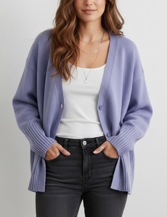 Elegant V-Neck Solid Color Loose Knit Cardigan
