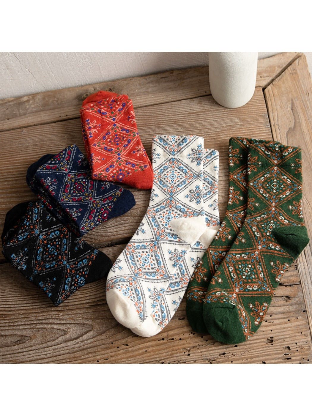 Rufia - Retro Mid-calf Socks with Diamond Floral Patterns