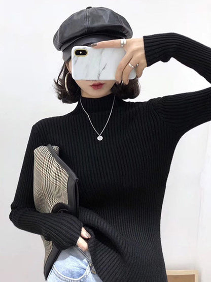 9 Colors Knitting Split-Joint Solid Color High-Neck Sweater