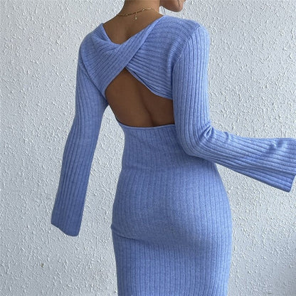 Sexy Backless Solid Color Flared Sleeve Fur Dress