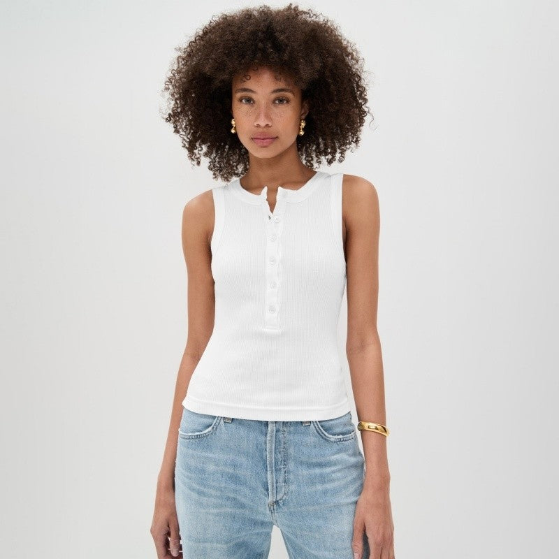 Round Neck Button Ribbed Sleeveless Vest