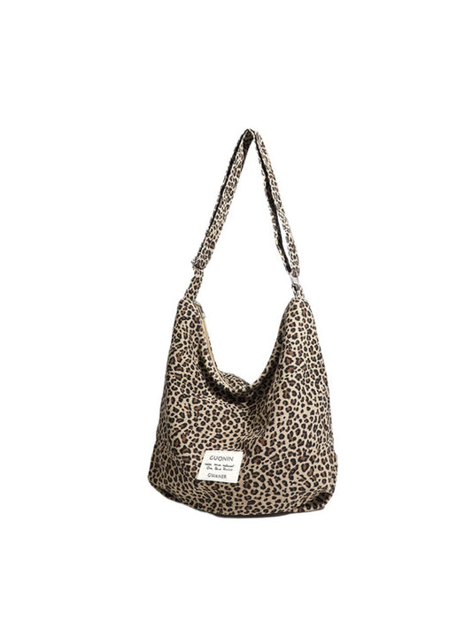 Cosbai - Large Capacity Single-shoulder Canvas Bag with Leopard Print