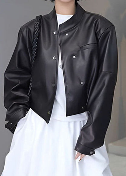 Cropped Faux Leather Snap Button Jacket