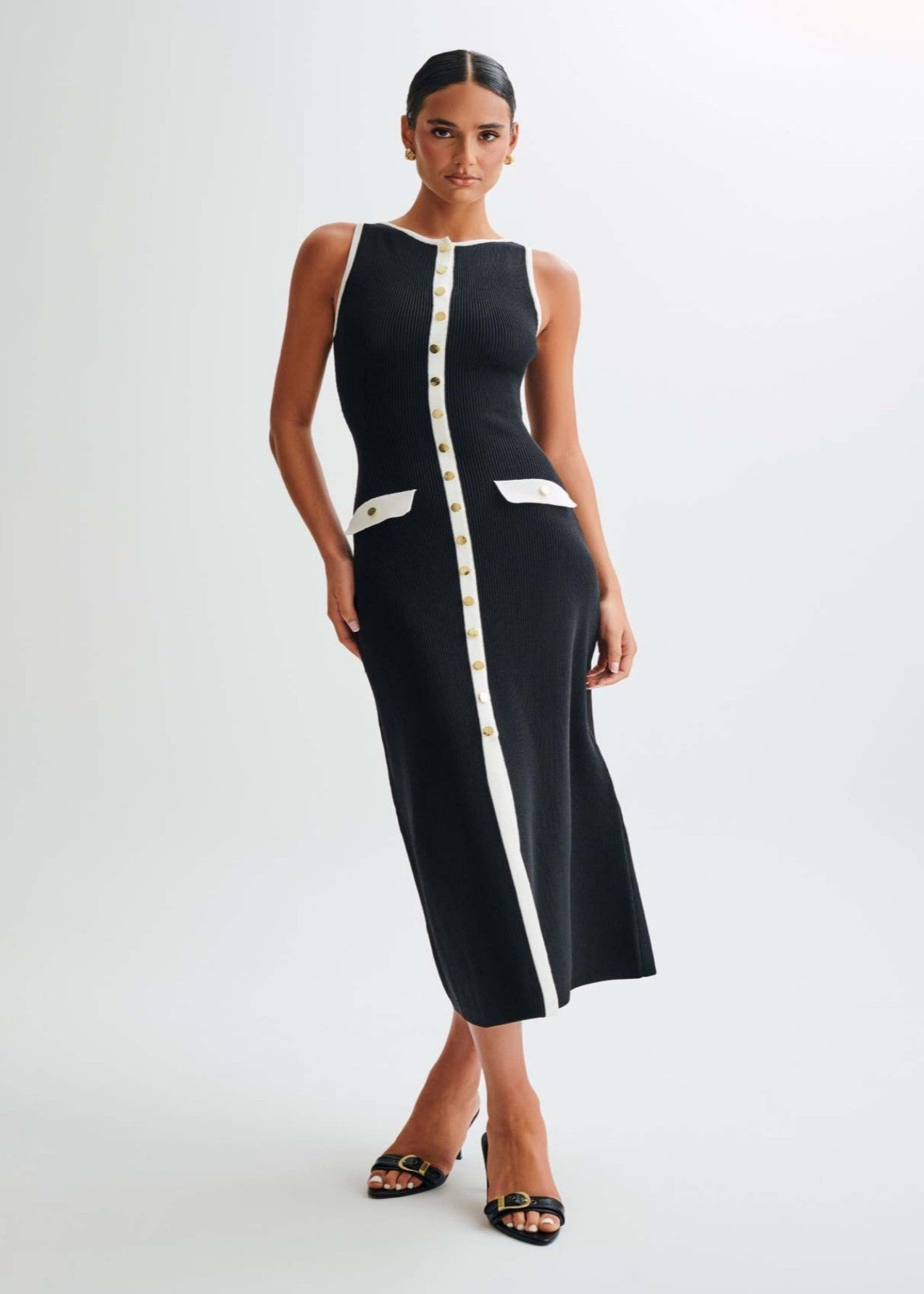 Contrast Trim Ribbed Knit Midi Dress