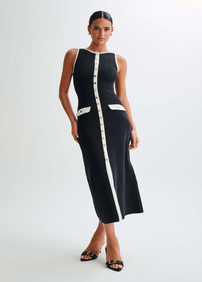 Contrast Trim Ribbed Knit Midi Dress