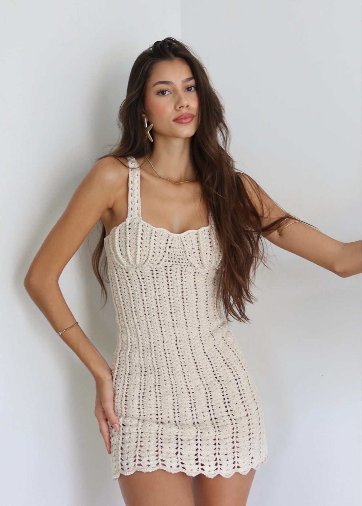 Crochet Knit Bodycon Mini Dress In Apricot