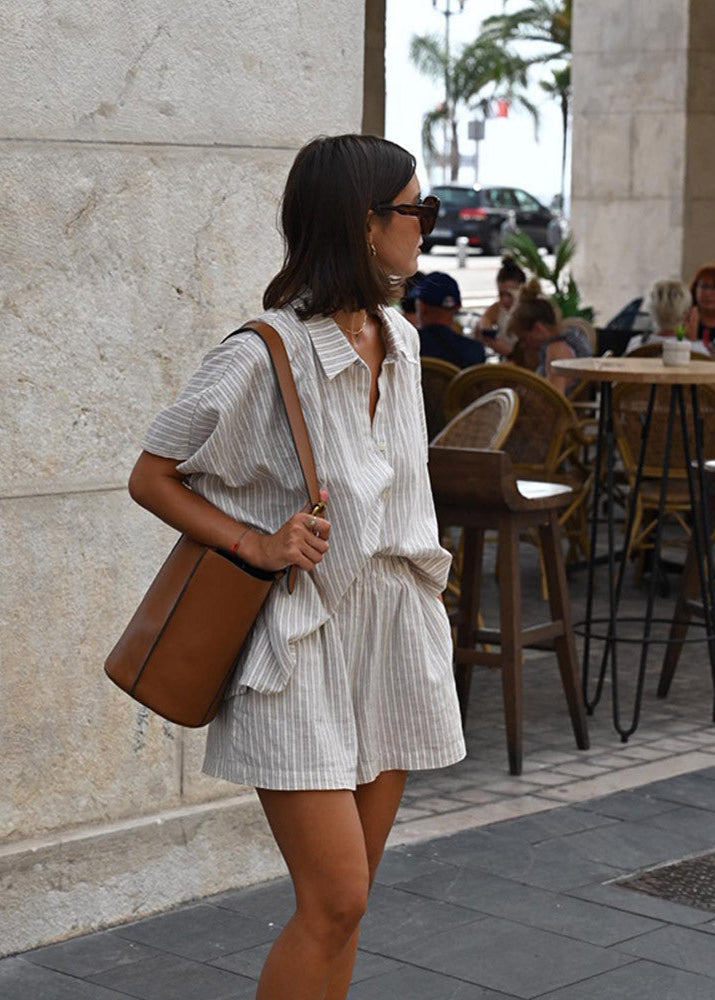 Striped Linen Look Two Piece Set Khaki