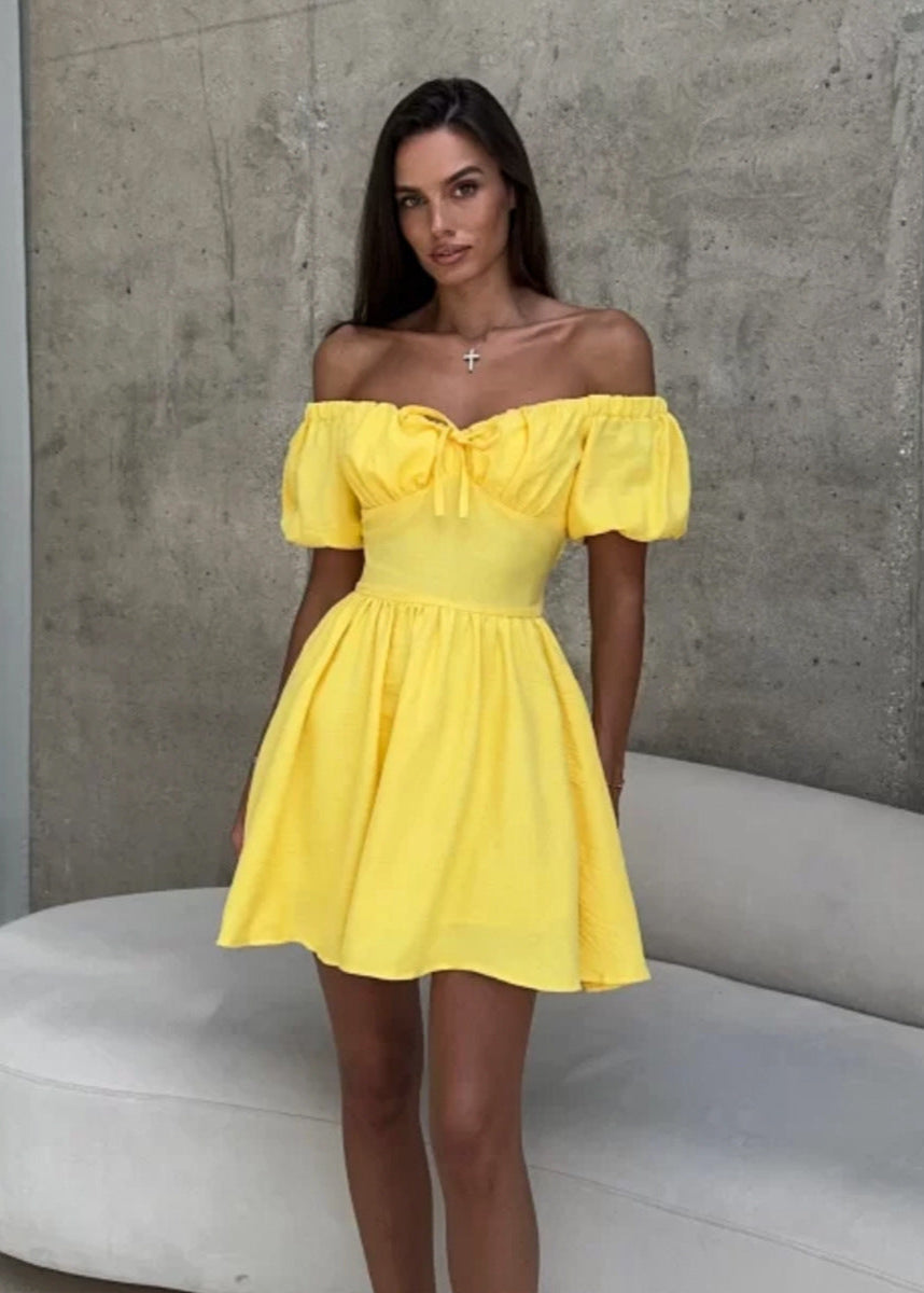 Off Shoulder Puff Sleeve Mini Dress Cotton Blend