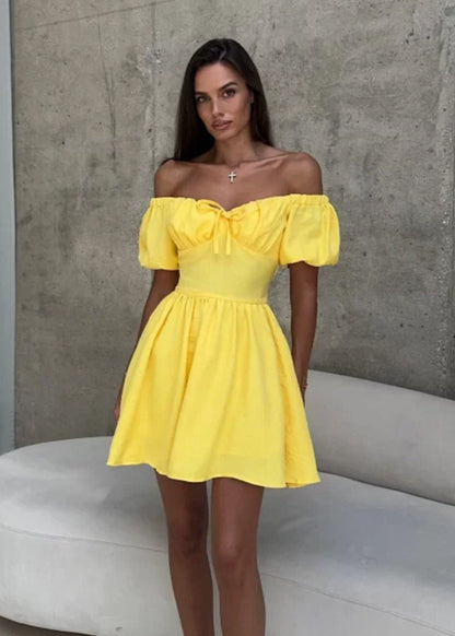 Off Shoulder Puff Sleeve Mini Dress Cotton Blend