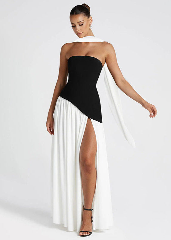 Strapless Contrast Gown Black And White With Slit