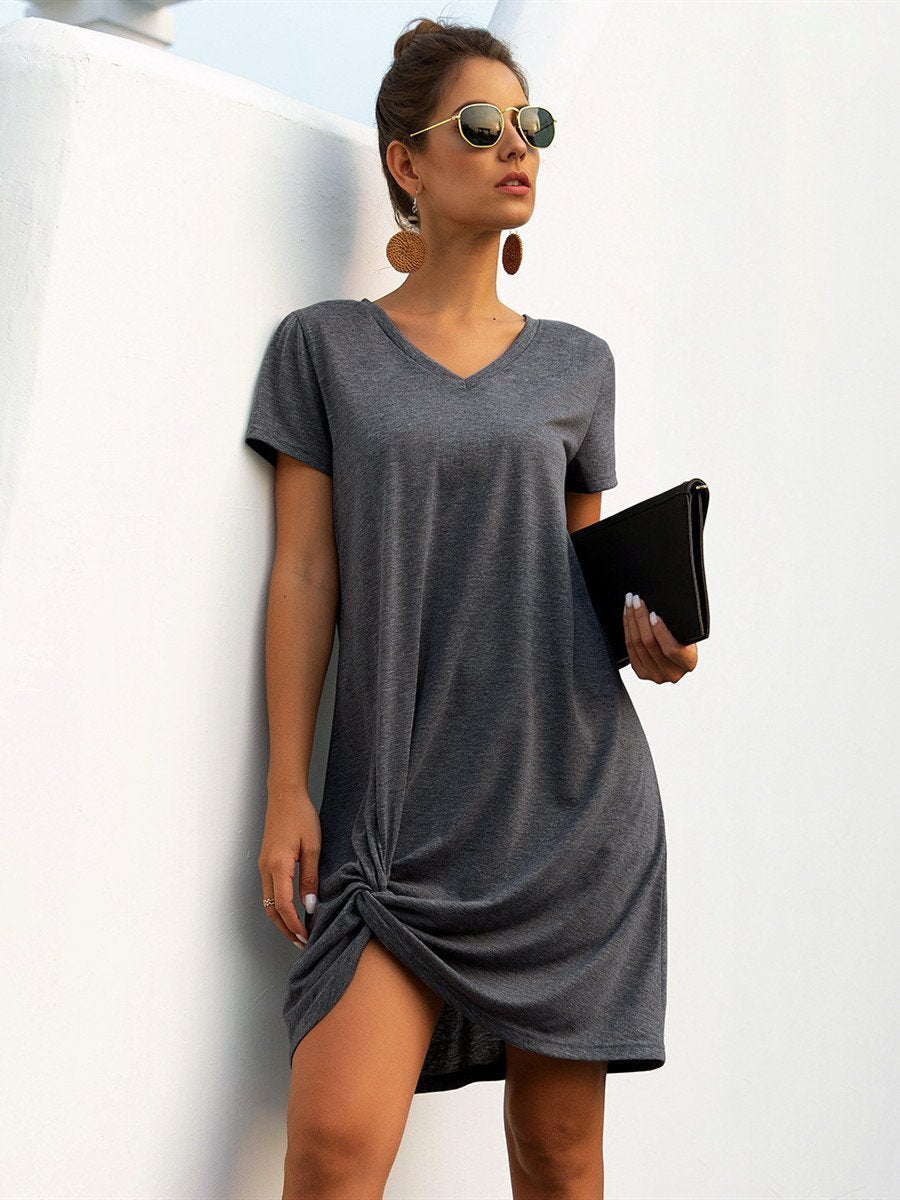 Summer'S New Short-Sleeved V-Neck Hem Knotted Open Fork Loose Casual Skirt