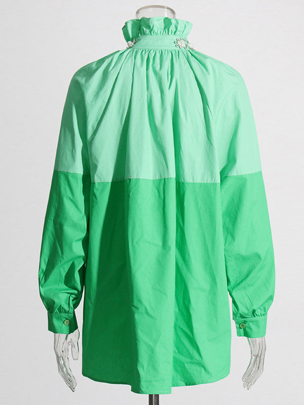 Long Sleeves Loose Buttoned Contrast Color Rhine Stones Mock Neck Blouses&Shirts Tops