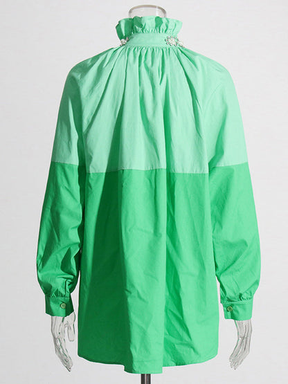 Long Sleeves Loose Buttoned Contrast Color Rhine Stones Mock Neck Blouses&Shirts Tops