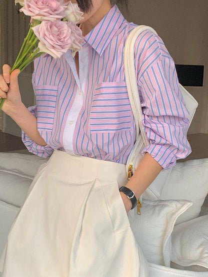 Long Sleeves Loose Buttoned Contrast Color Pockets Striped Lapel Blouses&Shirts Tops