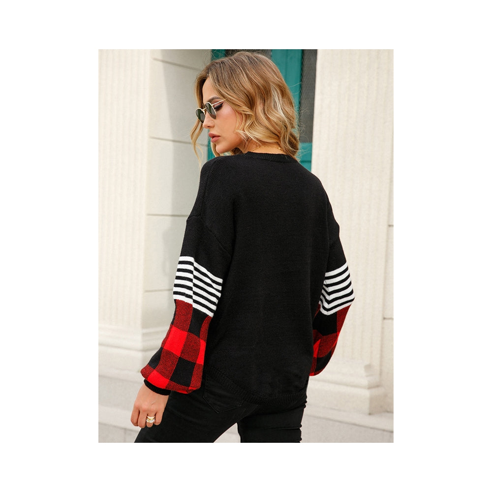 Casual Long Sleeves Loose Checkered Round-Neck Sweater Tops