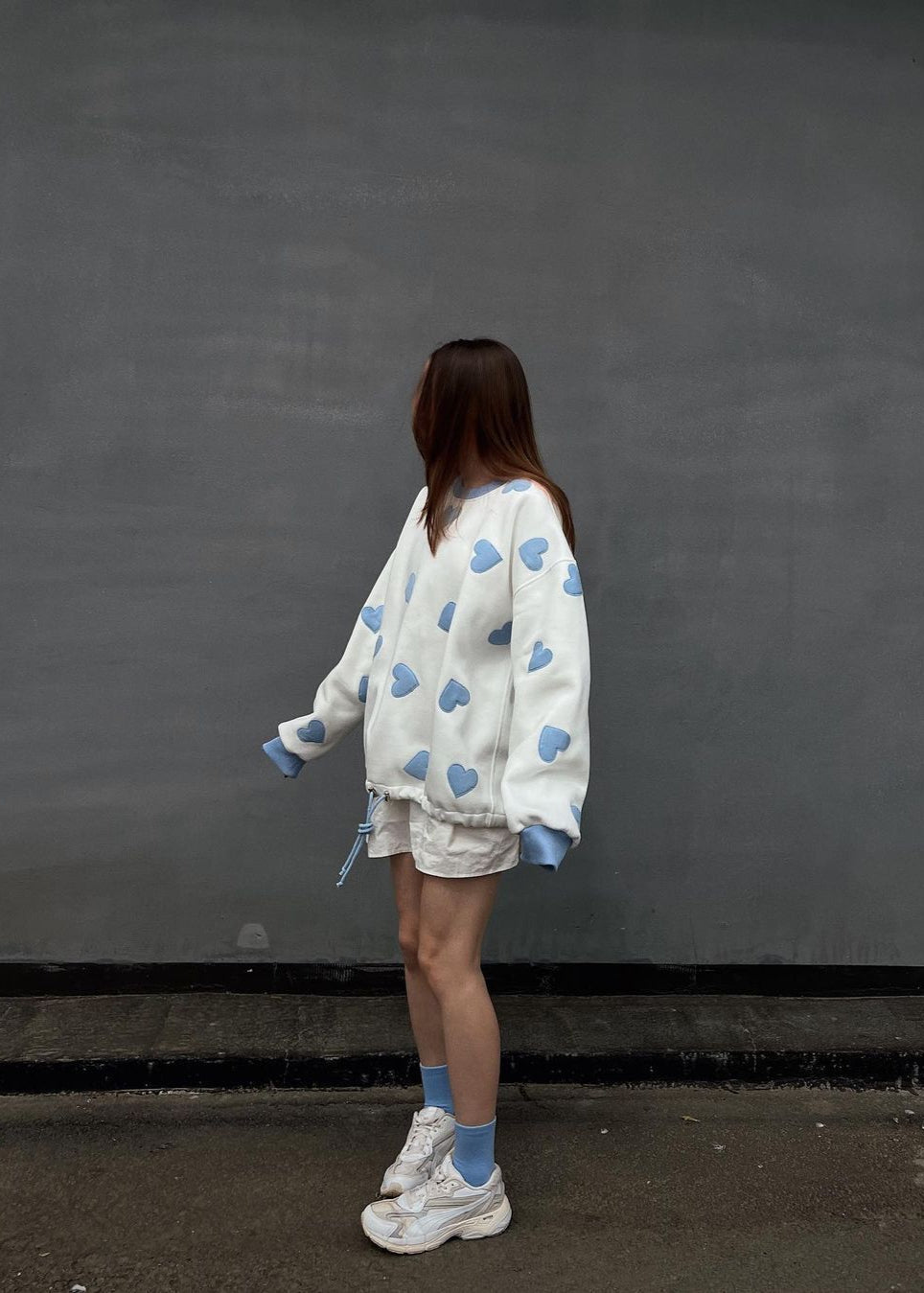 White Sweatshirt Soft Fabric Blue Heart Appliques