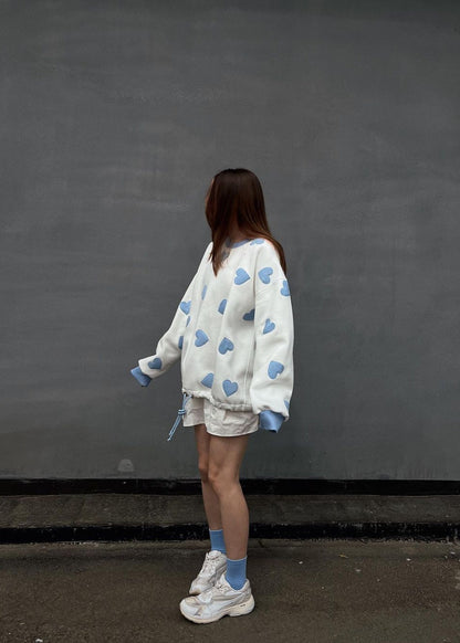 White Sweatshirt Soft Fabric Blue Heart Appliques
