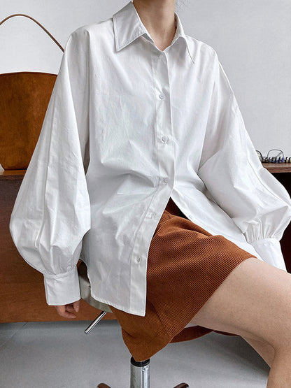 Long Sleeves Loose Buttoned Pleated Solid Color Lapel Blouses&Shirts Tops