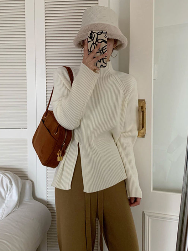 Urban Long Sleeves Split-Side Solid Color High-Neck Sweater Tops Pullovers