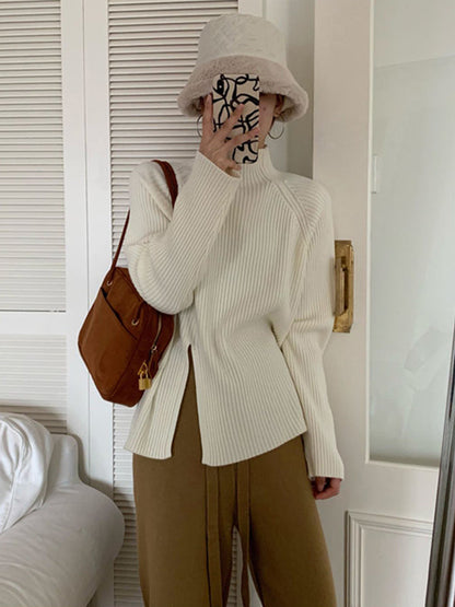 Urban Long Sleeves Split-Side Solid Color High-Neck Sweater Tops Pullovers