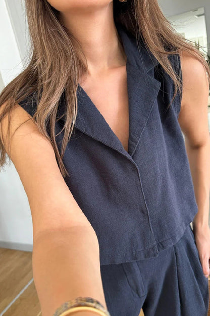 Casual Solid Lapel Vest \u0026 Pants Cotton Linen Two-piece Set