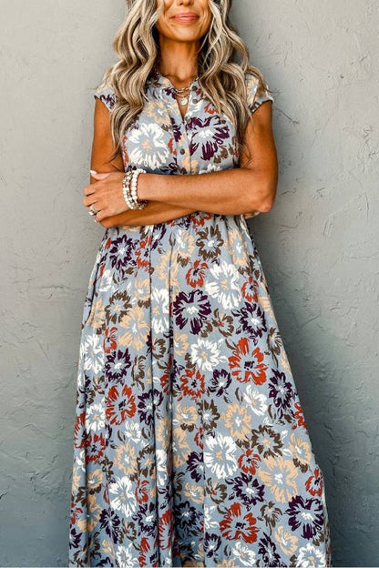 Sky Blue Floral Sleeveless Pocketed Wide Leg Jumpsuit