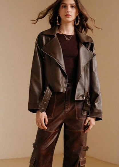Faux Leather Moto Jacket Brown Modern Edge