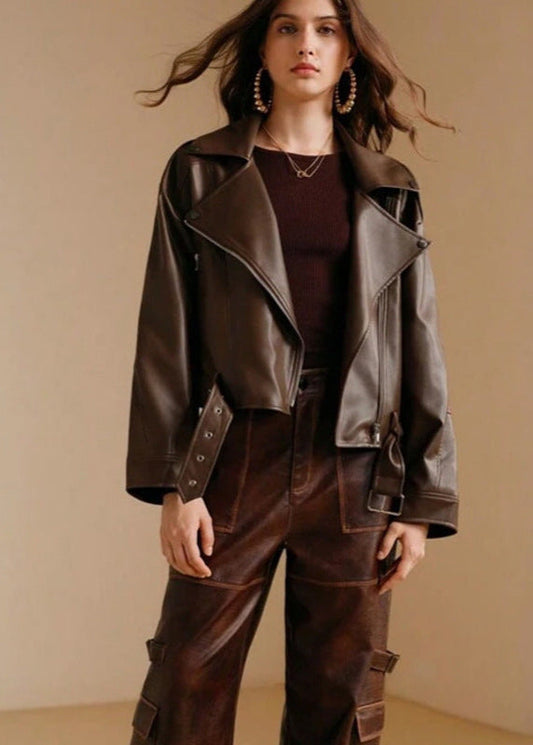 Faux Leather Moto Jacket Brown Modern Edge