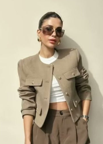 Tweed Cropped Jacket With Gold Button Accents