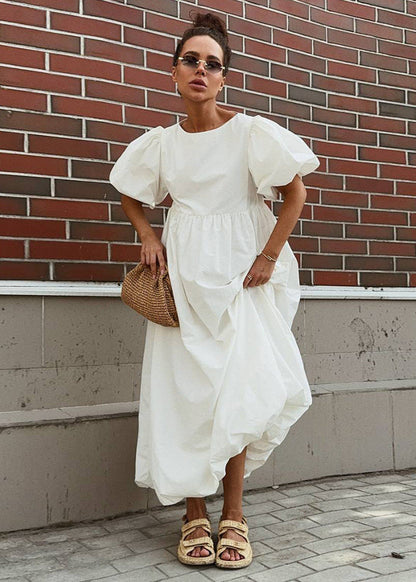 Puff Sleeve Maxi Dress Lightweight White