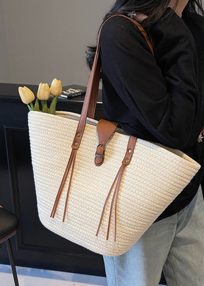 Oversized Braided Straw Tote Bag with Buckle Accent