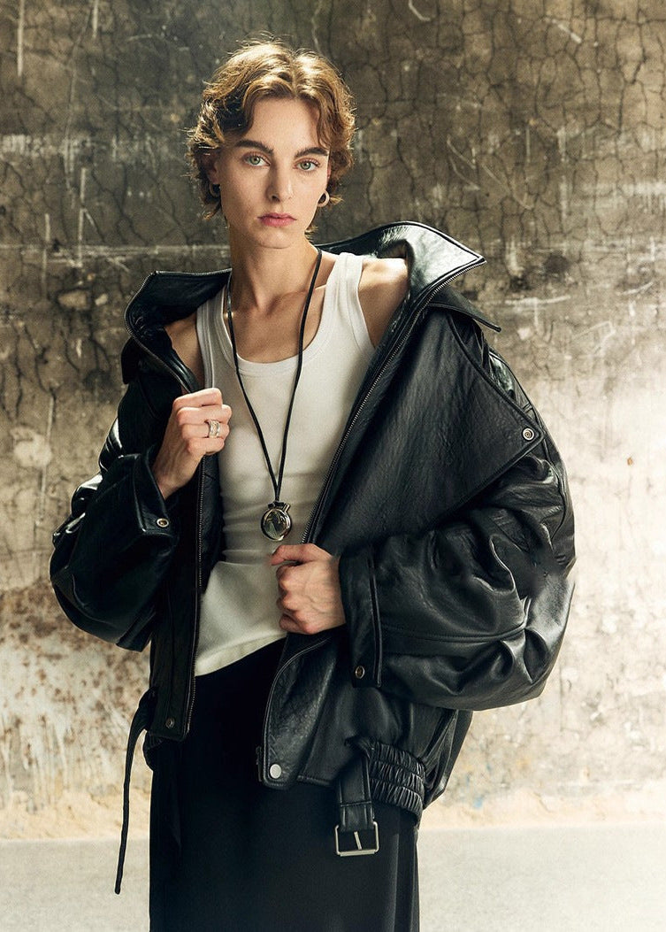 Oversized Leather Biker Jacket Vintage Style