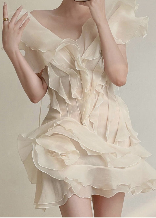 Ruffled Organza Mini Dress With Asymmetrical Neckline