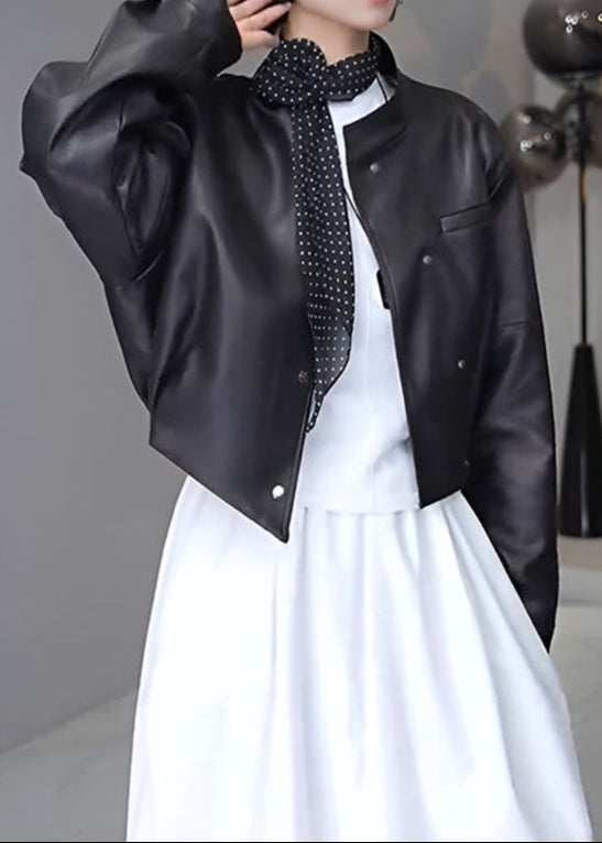 Cropped Faux Leather Snap Button Jacket