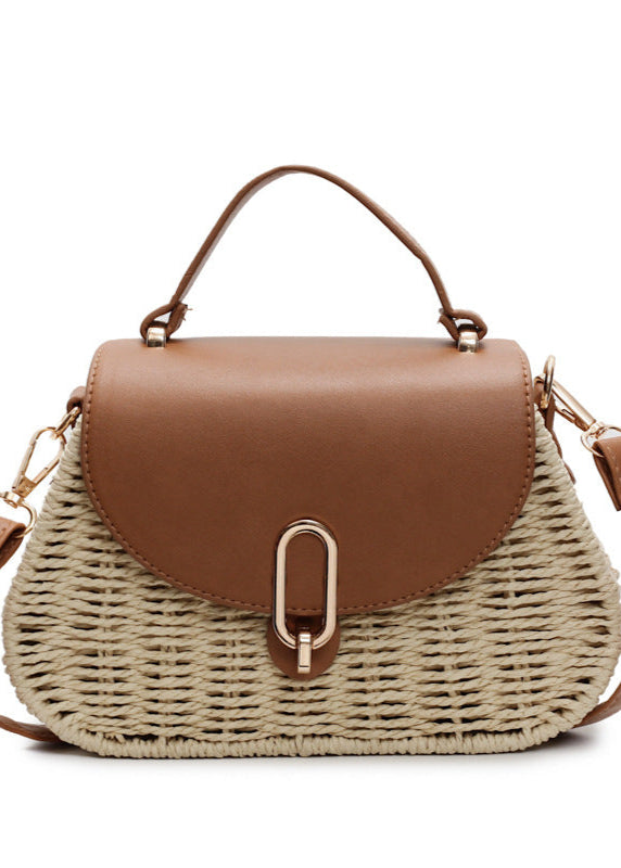 Curved Rattan Shoulder Bag with Faux Leather Flap