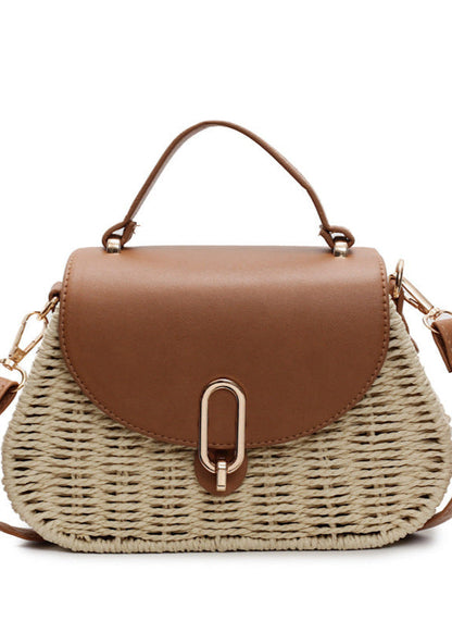 Curved Rattan Shoulder Bag with Faux Leather Flap
