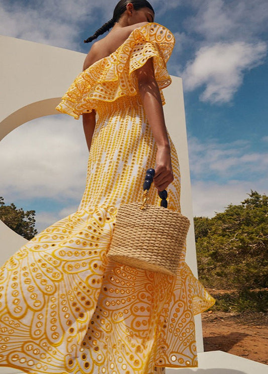 Ruffle Off Shoulder Dress Yellow Embroidered Midi