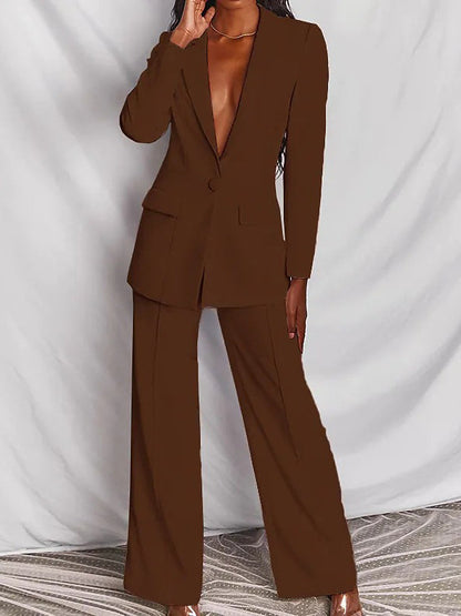 Long Sleeves Wrap Solid Color Deep V-Neck Cardigan&Pants Suits