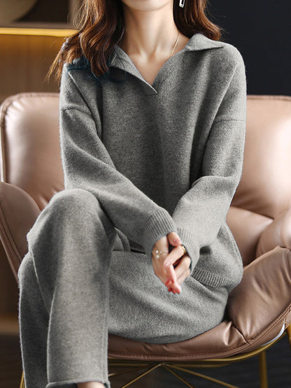 Casual Loose Solid Color Polo Sweater Tops & Wide Leg Pants Suits
