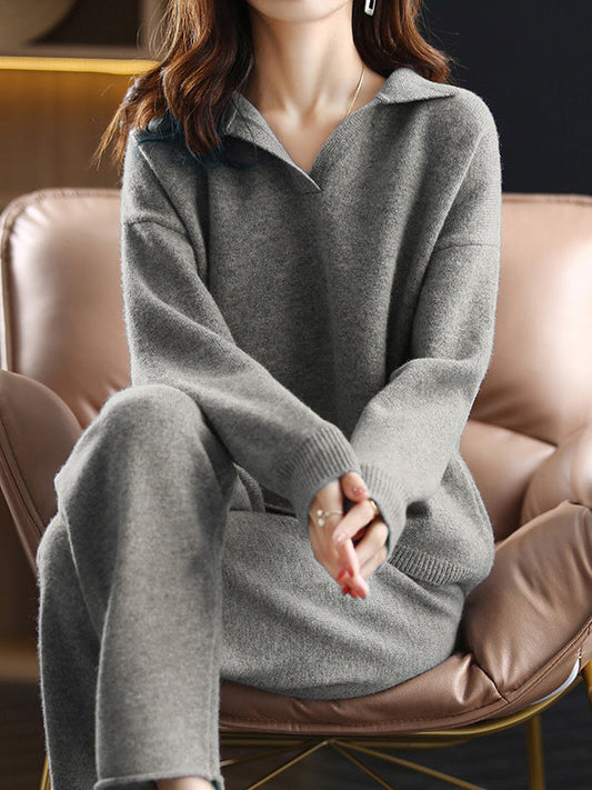 Casual Loose Solid Color Polo Sweater Tops & Wide Leg Pants Suits