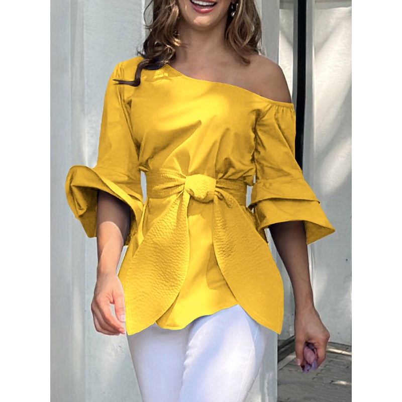 Flared Sleeves Wrap Bandage Hollow Solid Color Split-Joint Shirts Tops