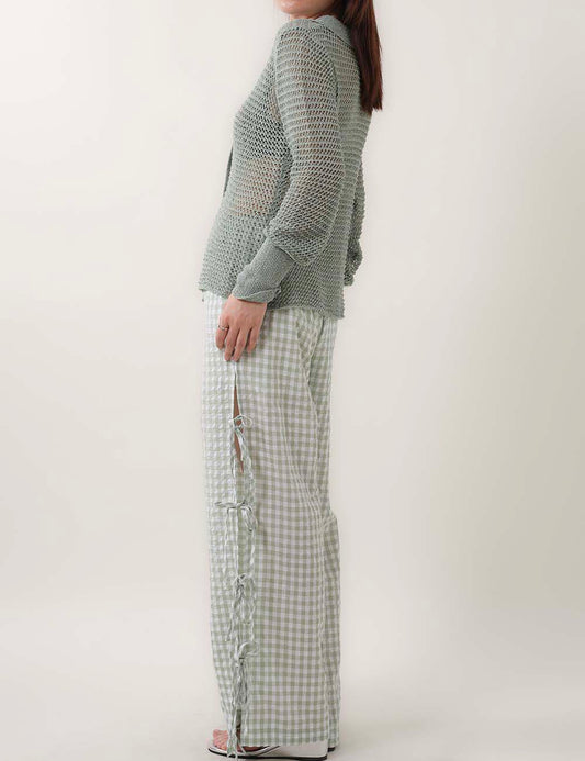 Bow Side Split Plaid Casual Pants