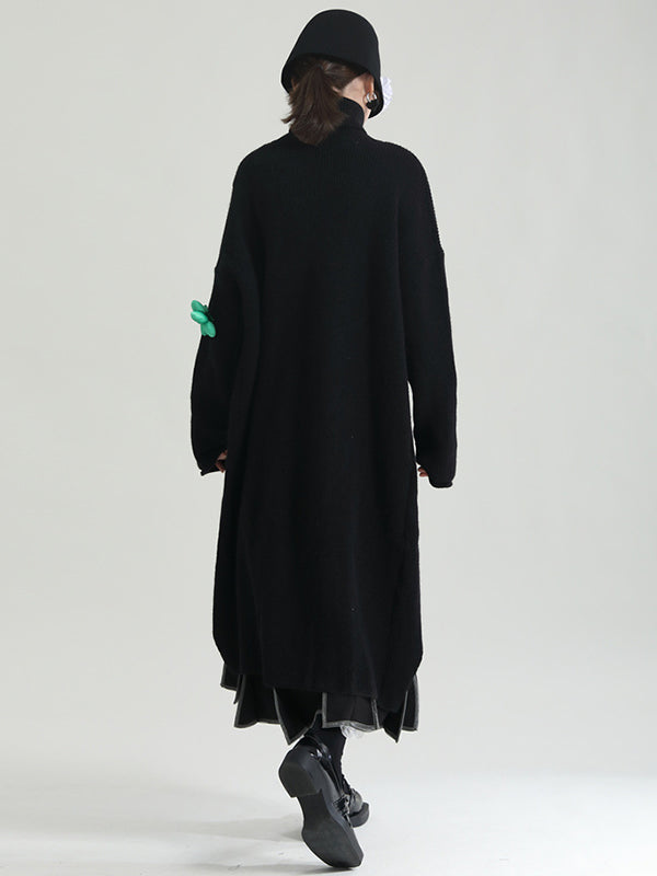 Original High-Low Asymmetric Knitting Dress High-Neck Sweater Dress